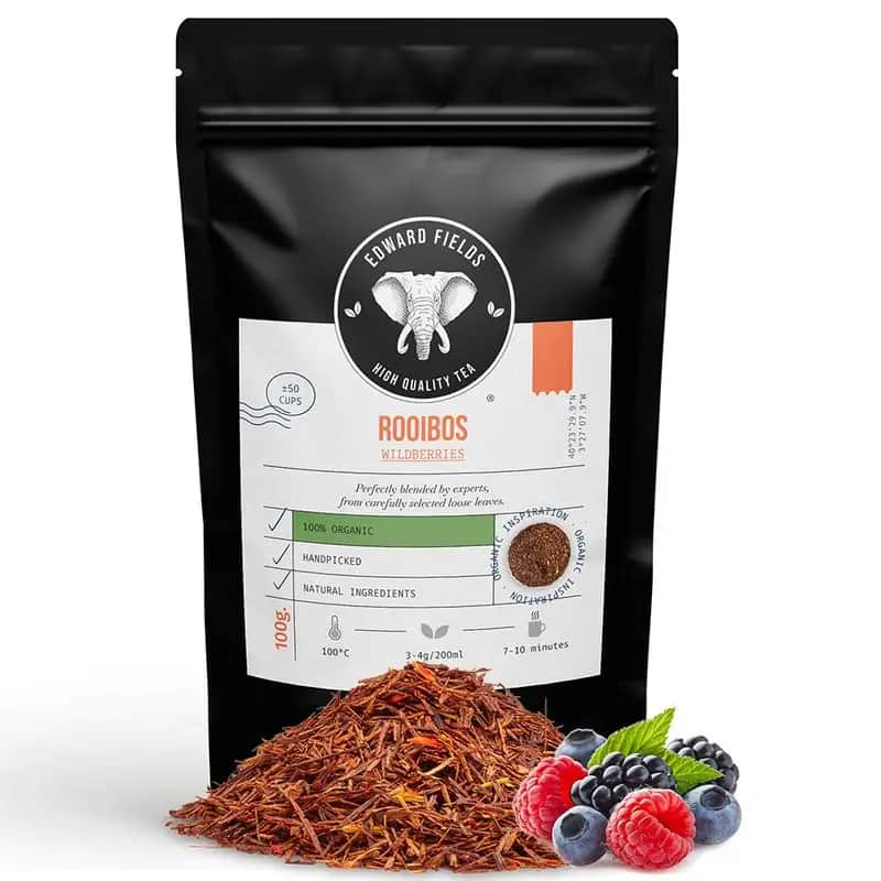 Edward Fields Tea Infusión Rooibos Frutos Rojos Ecológico A Granel 50 Tazas Sin Teina , 100 gr
