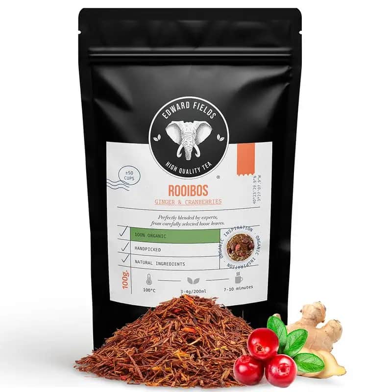 Edward Fields Tea Infusión Rooibos Jengibre Y Arándanos Ecológico A Granel 50 Tazas Sin Teina , 100 gr