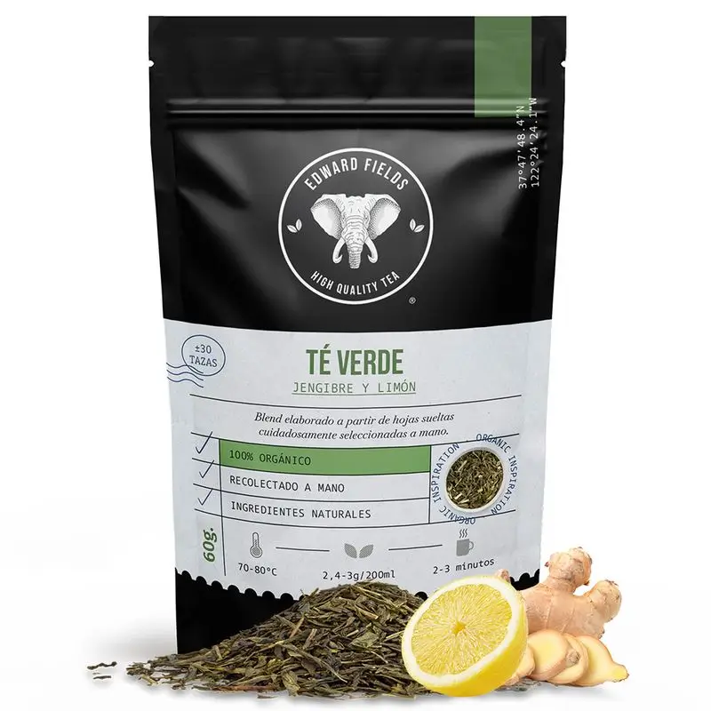 Edward Fields Tea Té Verde Ecológico A Granel Con Jengibre Y Limón 30 Tazas , 60 gr