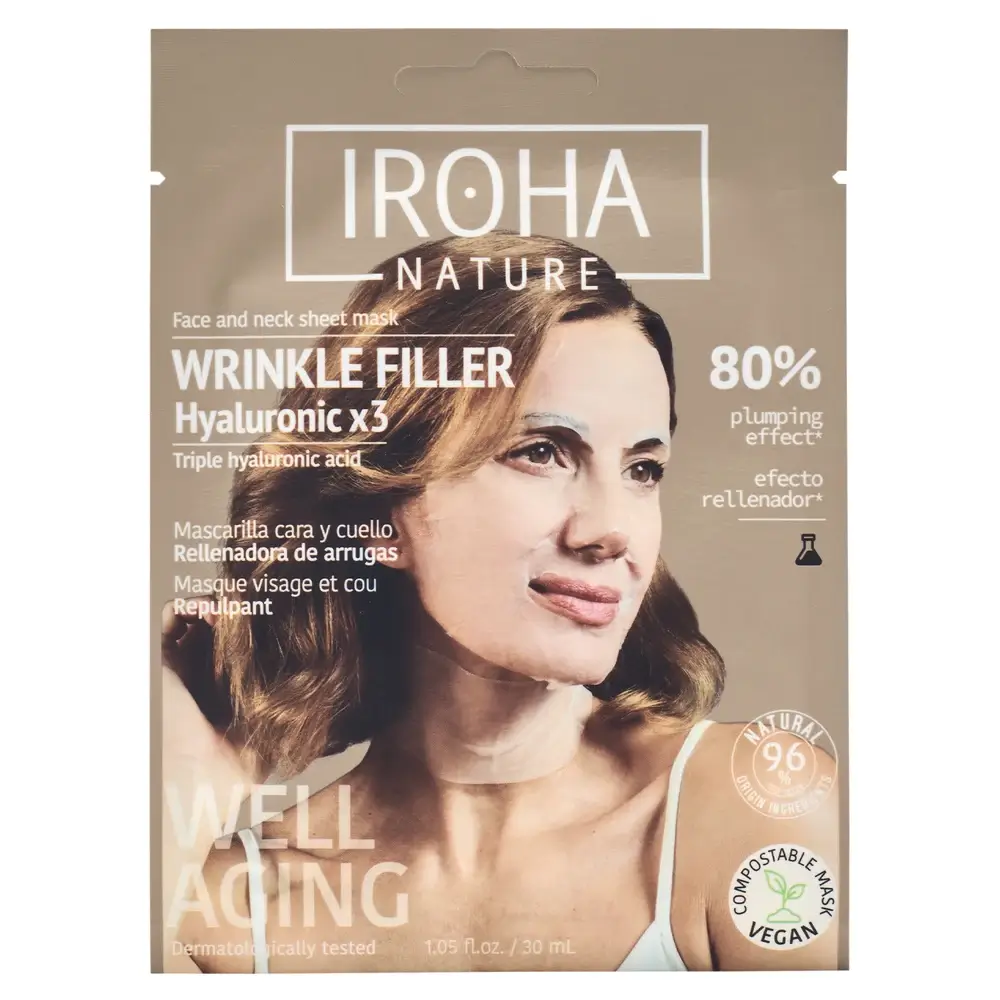 Iroha Nature Mascarilla Tisú Cara Y Cuello Rellenadora De Arrugas – Triple Ácido Hialurónico , 30 ml